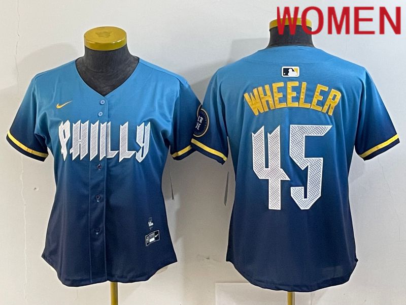 Women Philadelphia Phillies 45 Wheeler Blue City Edition Nike 2024 MLB Jersey style 1